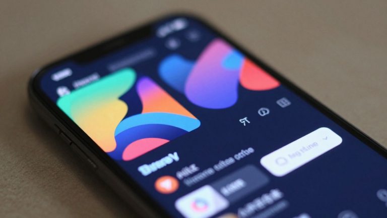 Smartphone screen with abstract financial market visuals.