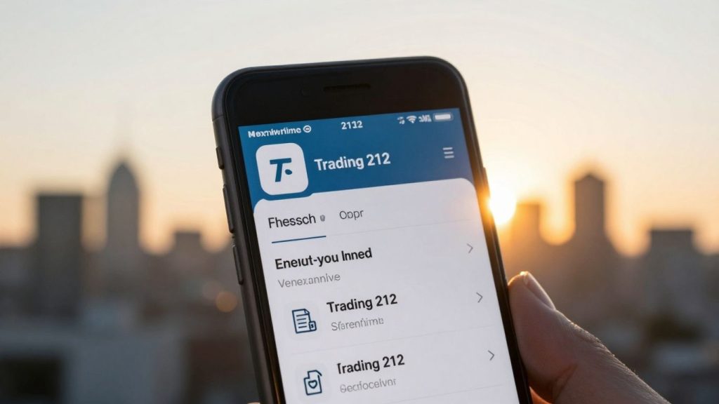 Trading 212 app on a smartphone with city background.