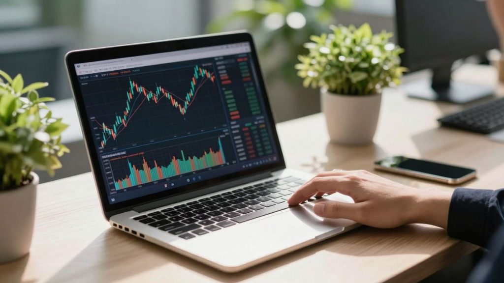 Forex trading desk with laptop and plants.