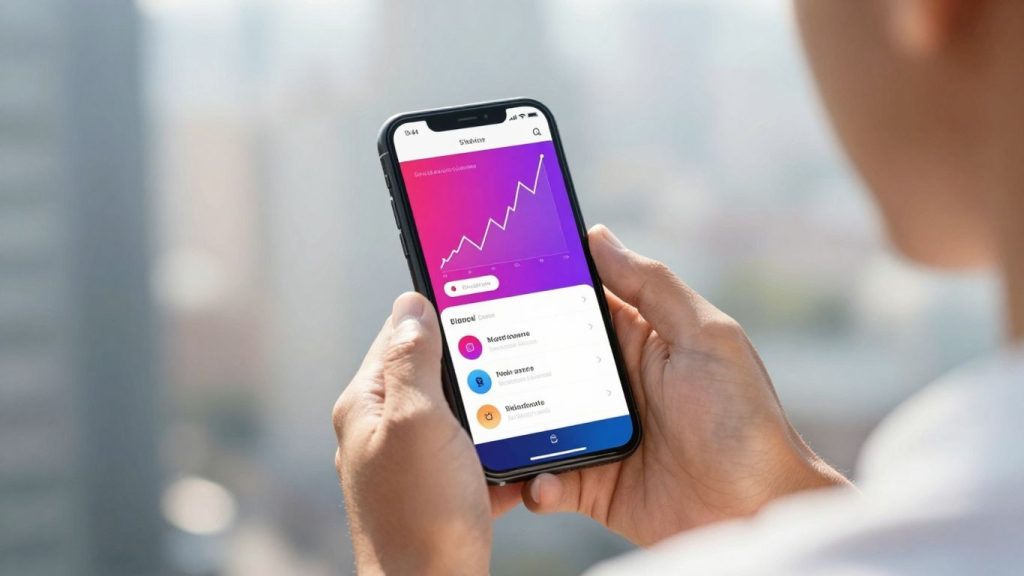 Beginner trading guide with smartphone and cityscape.