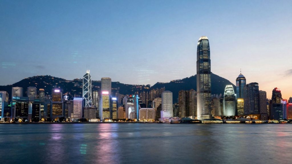 Hong Kong skyline with financial data streams overlay.