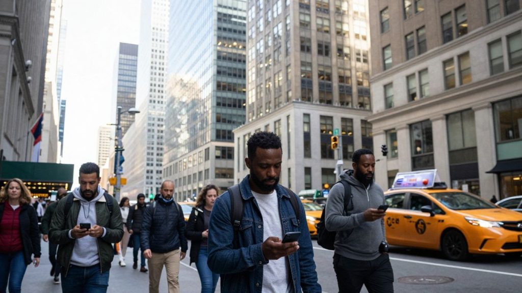 New York City skyline and street with people.