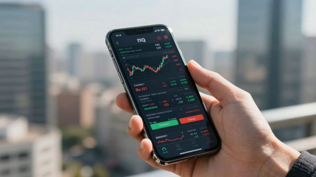 Hand holding smartphone with stock market data.