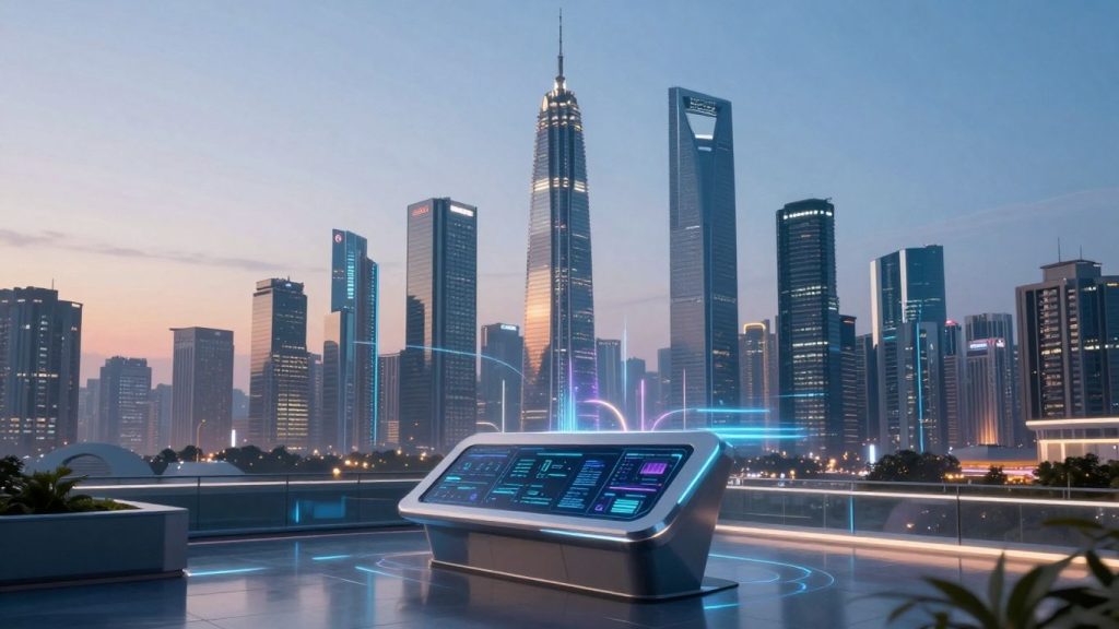 Futuristic trading platform cityscape with glowing digital streams.