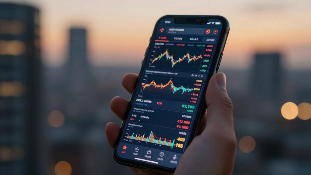 Forex trading on a smartphone with cityscape background.