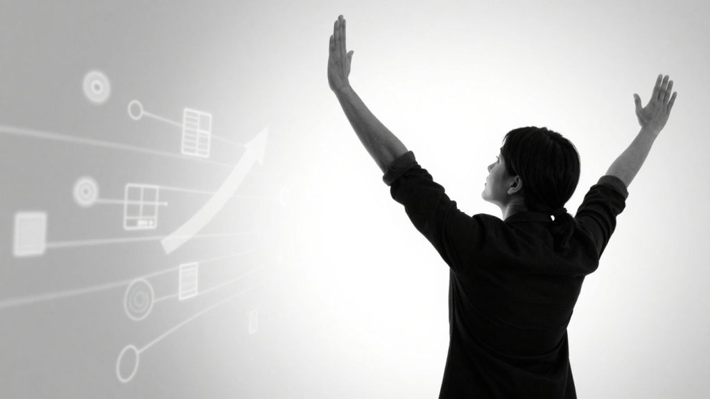 Person looking towards a bright future with digital growth elements.