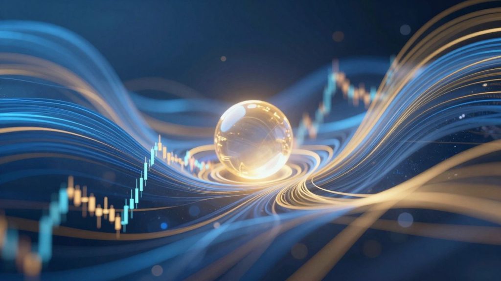Abstract financial market flows with a central glowing orb.