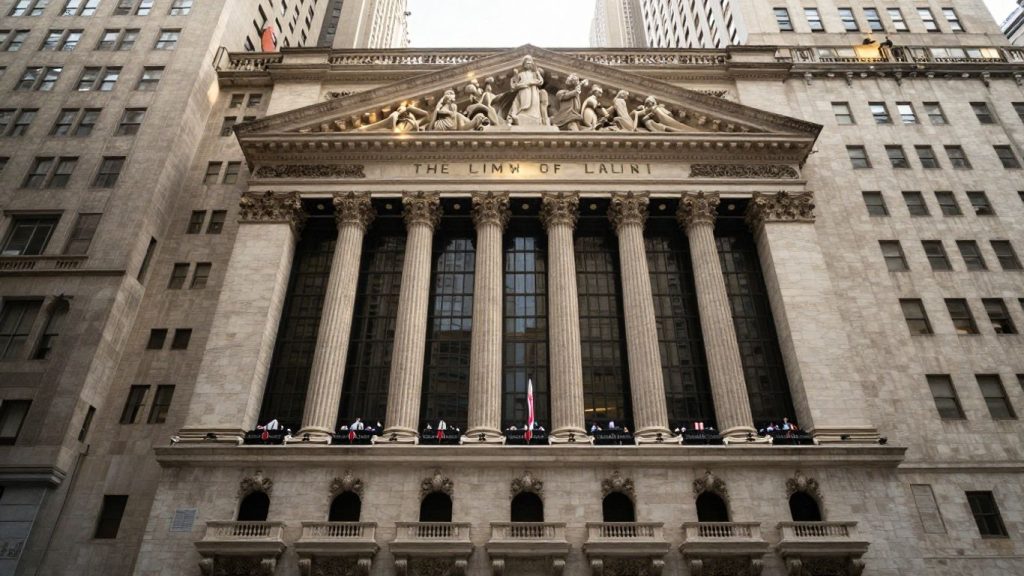 New York Stock Exchange building exterior at sunrise.