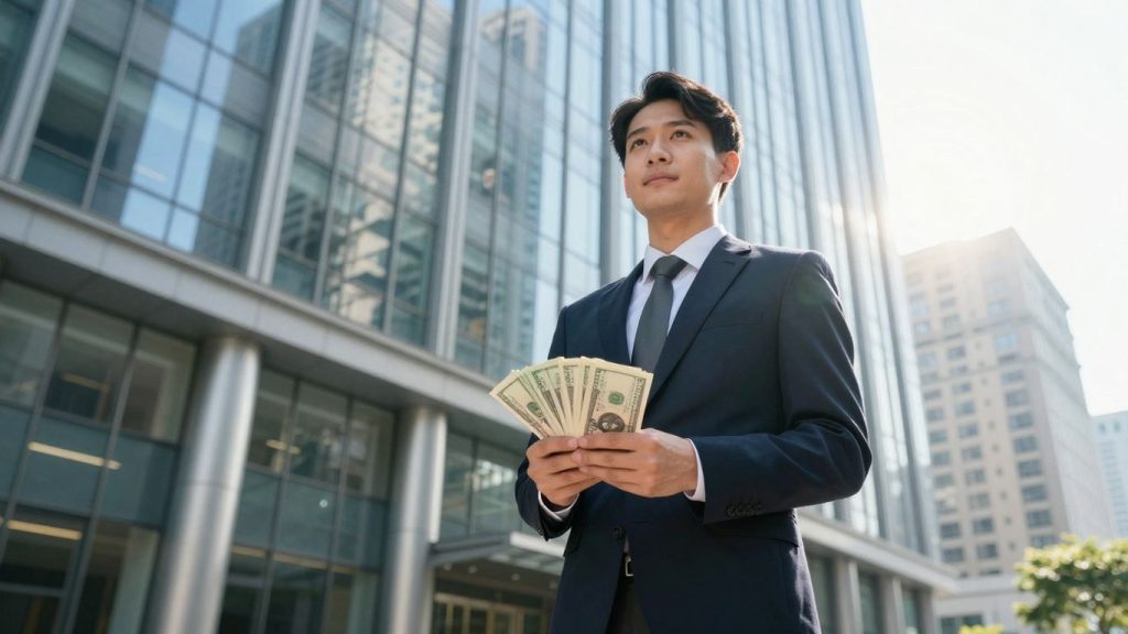 Real estate agent with money, city backdrop.