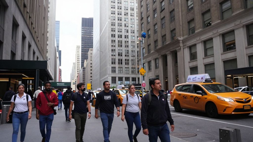 New York City skyline and street with people.