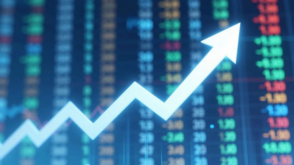 Upward trending arrow amidst glowing financial data streams.