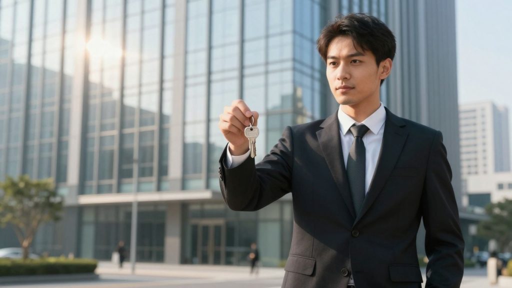 Real estate broker holding keys in front of office building.