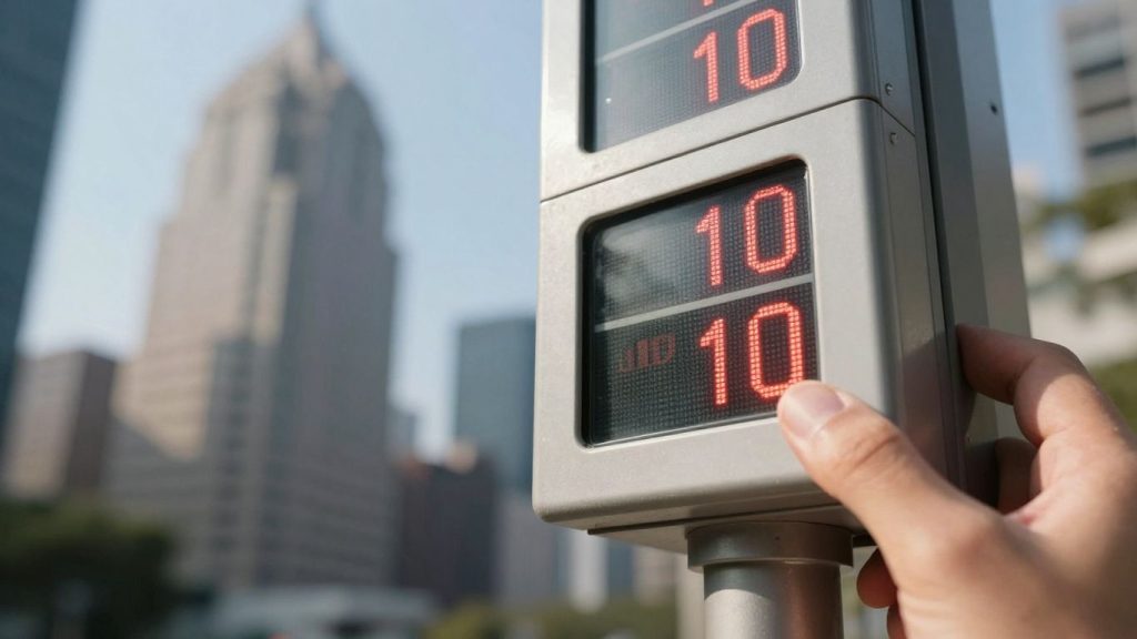 Investor holding stock ticker symbol with financial district background.