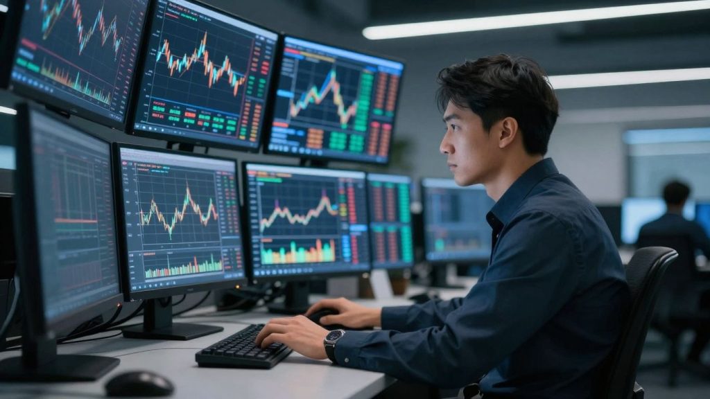 Trader at desk with glowing financial screens.