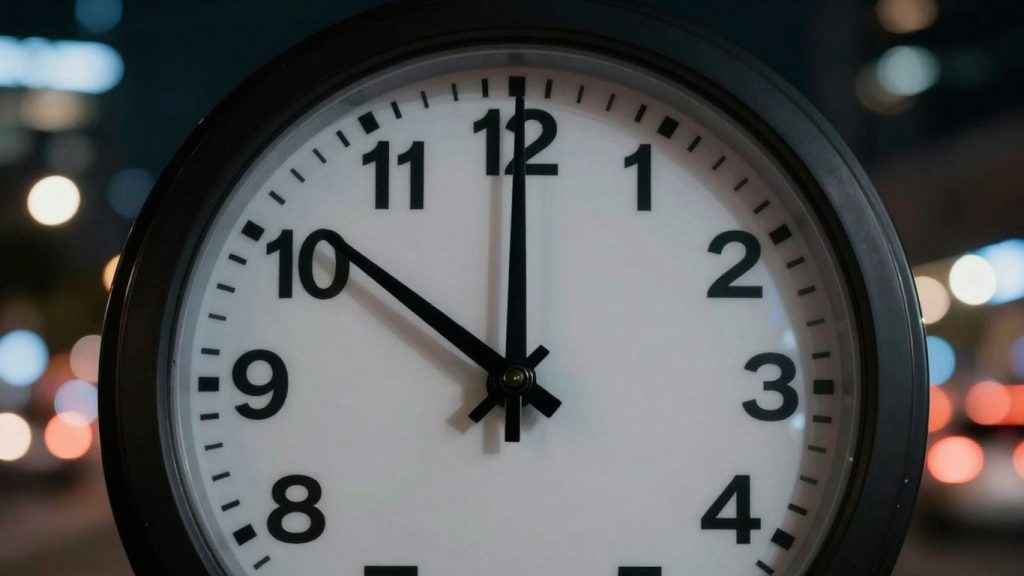 Clock showing after-hours trading with city lights.