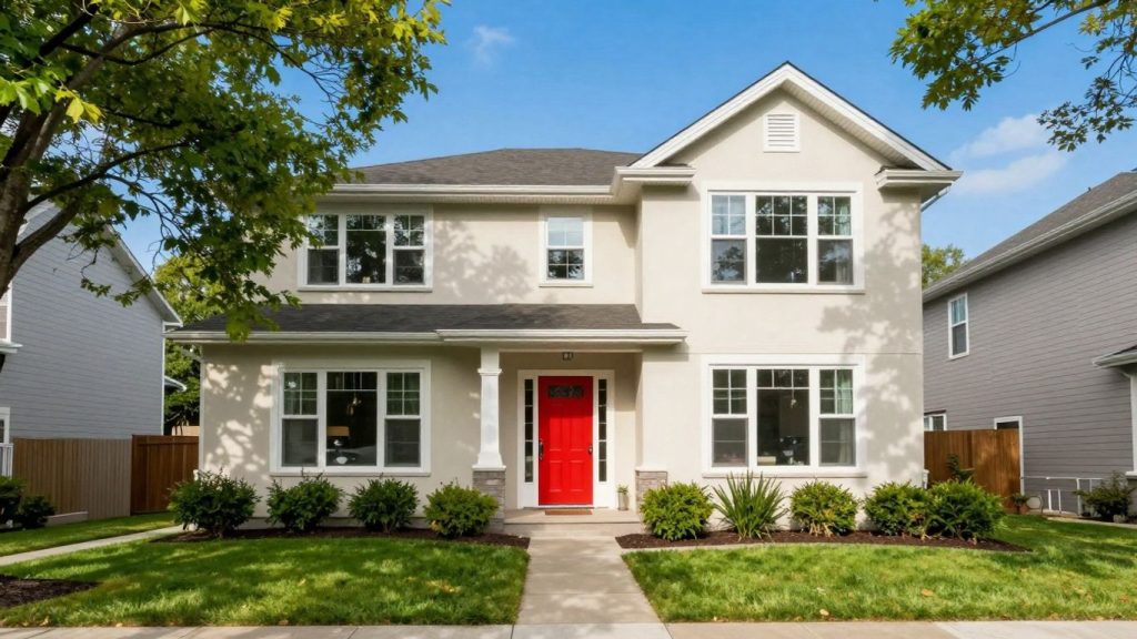 Modern house with red door and green lawn.
