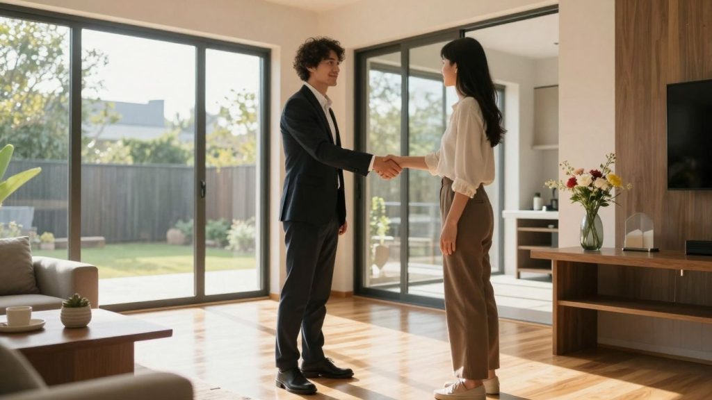 Real estate agent and client shaking hands.
