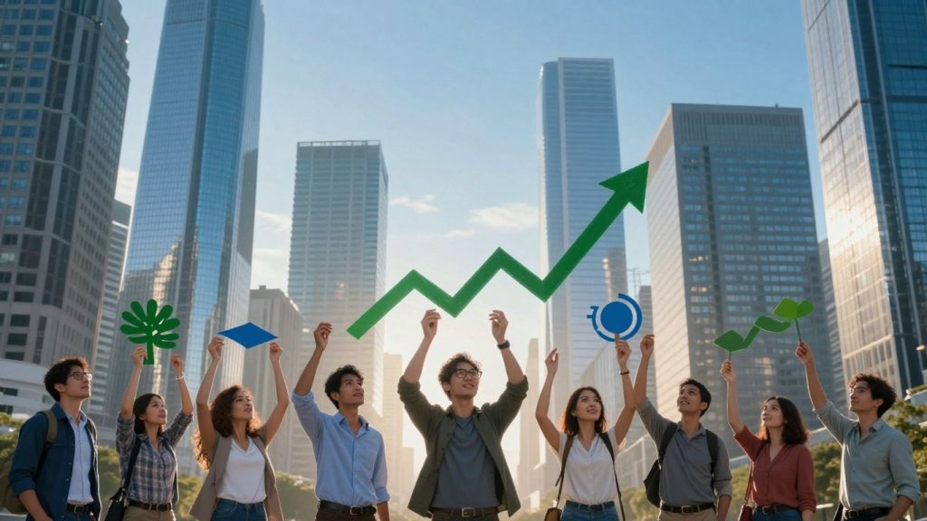 Financial freedom and portfolio growth in a modern cityscape.