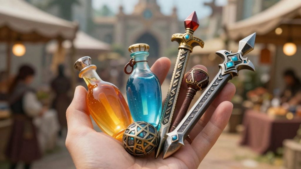 Fantasy items being traded on a virtual marketplace.