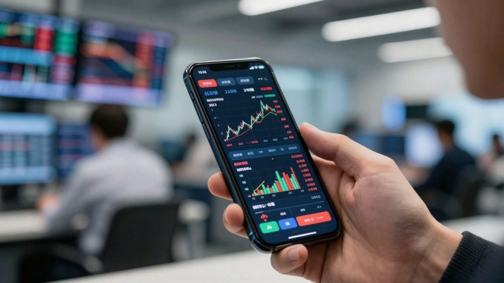 Stock trading simulation on a smartphone screen.