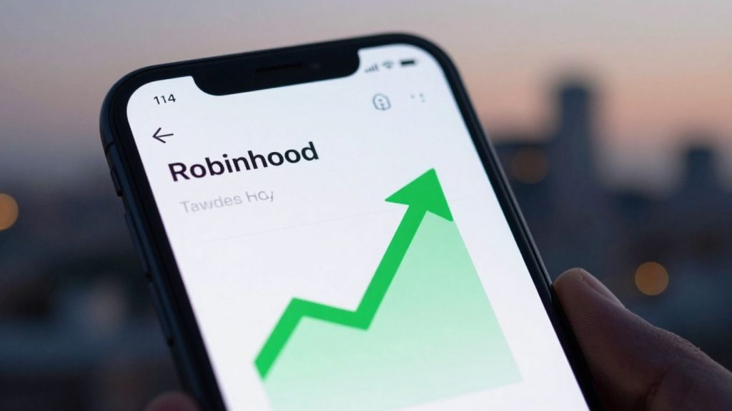 Robinhood app interface on a smartphone with upward trend.