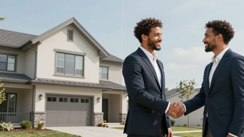 Real estate commission handshake and house illustration.