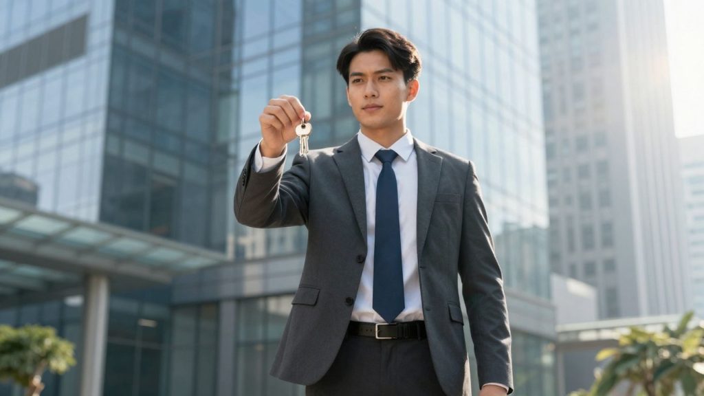 Real estate professional holding keys in front of building.