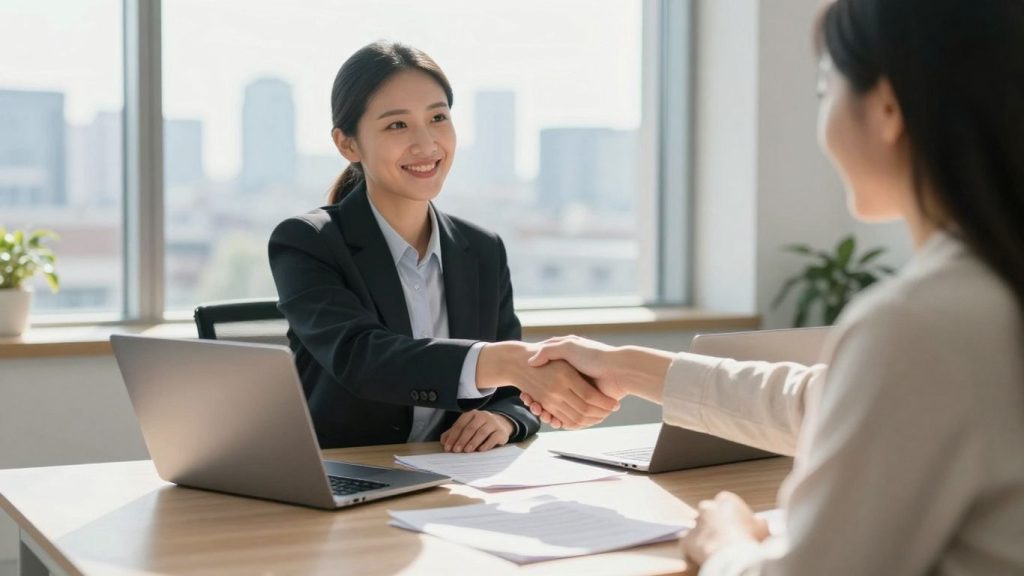 Mortgage broker shaking hands with client in office.
