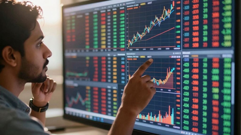 Person analyzing stock market data on a digital screen.