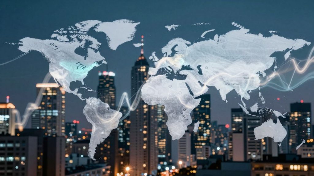 Forex trading concept with cityscape and light trails.