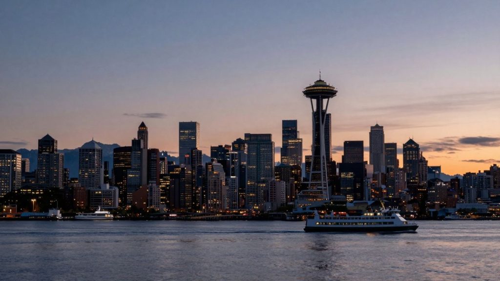Seattle skyline and Puget Sound at dusk.