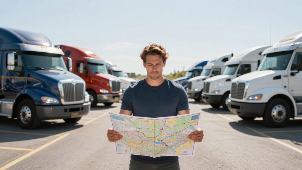 Person planning trucking business with trucks and map.