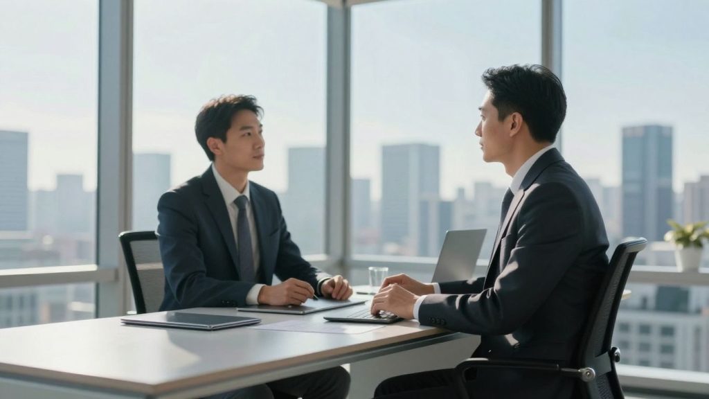 Broker in office with financial cityscape background.