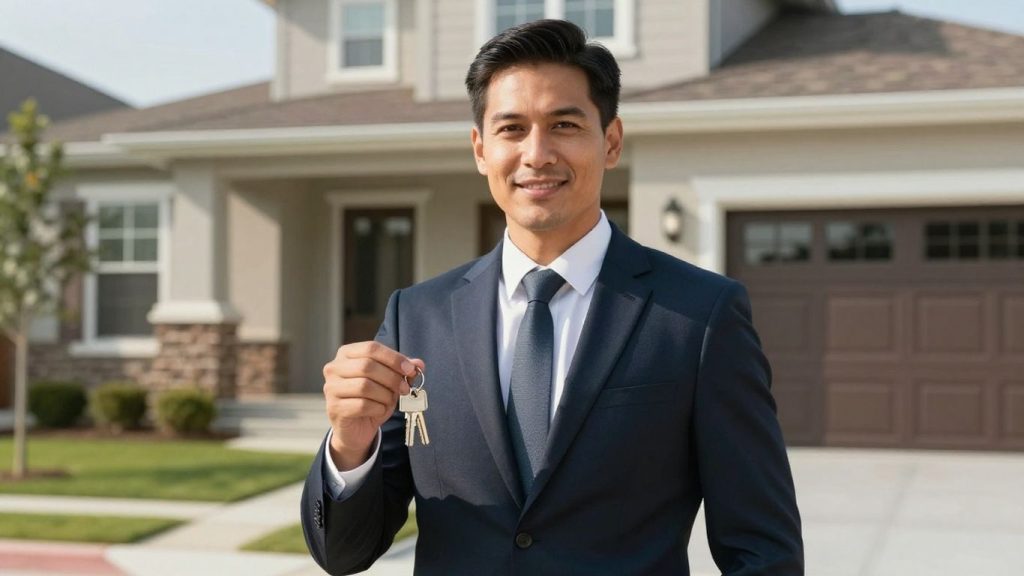 Real estate broker holding keys in front of a house.