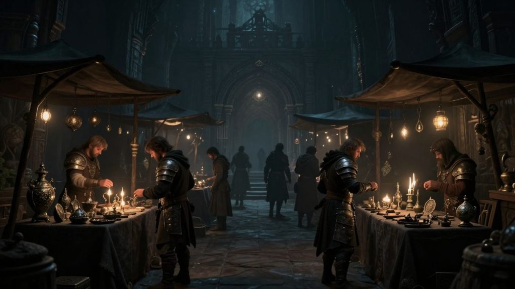 Diablo trading post with adventurers and magical items.