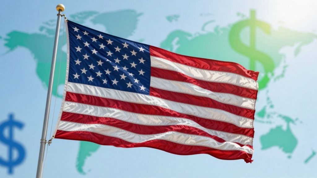 US flag with currency symbols, financial growth concept.