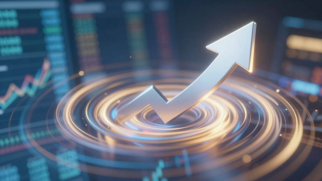 Upward trending arrow in financial market vortex.