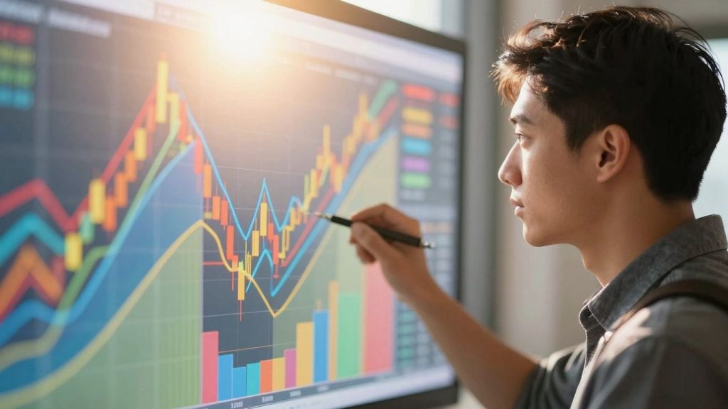 Beginner day trader analyzing market trends visually.