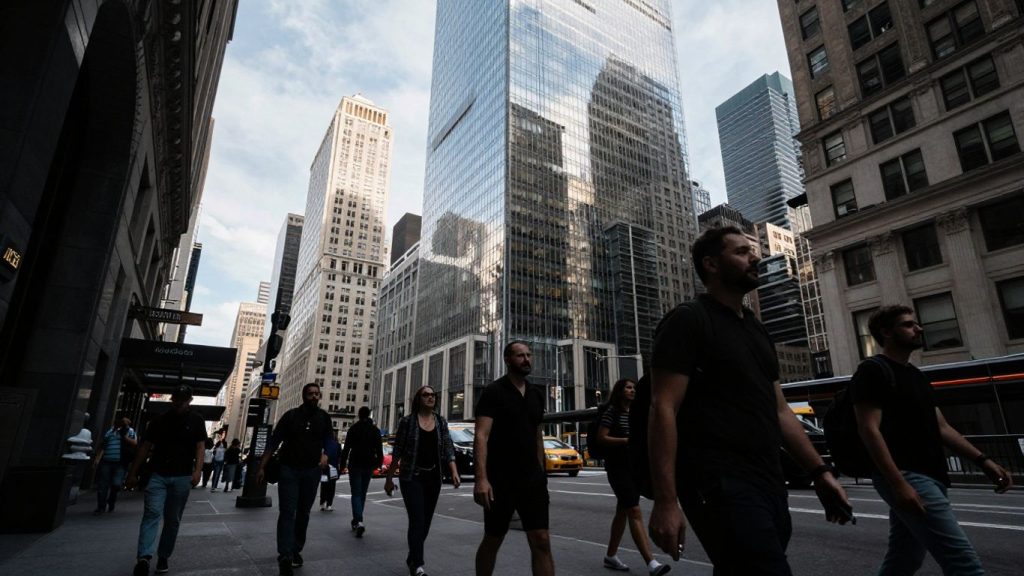 New York City skyline and street with people.