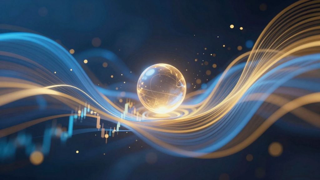 Abstract financial market flows with a central glowing orb.