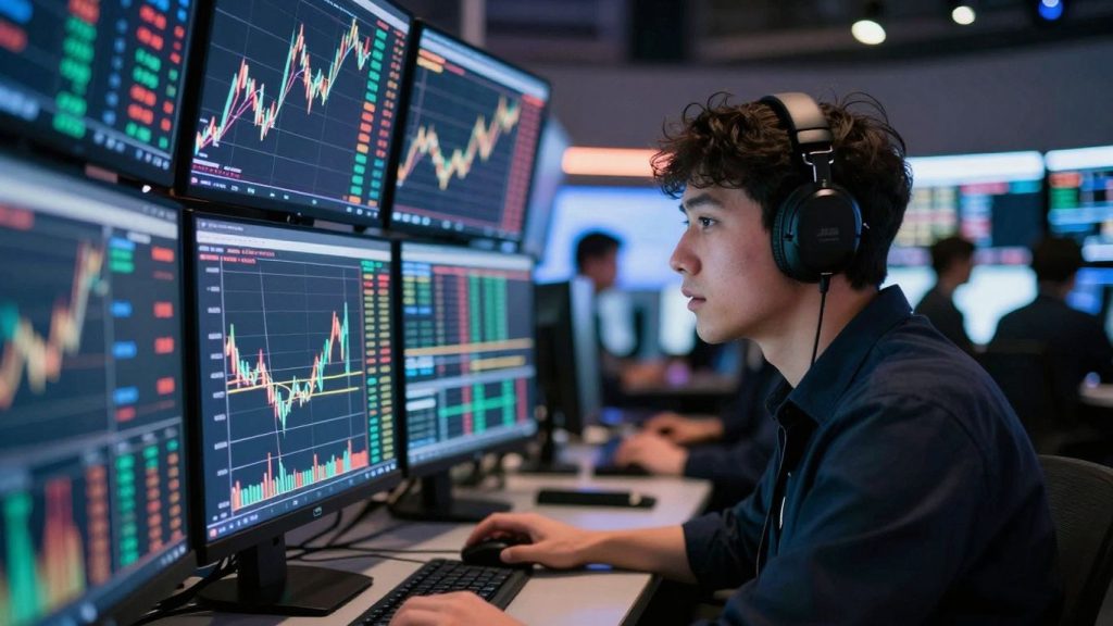 Trader immersed in abstract stock market data visualization.