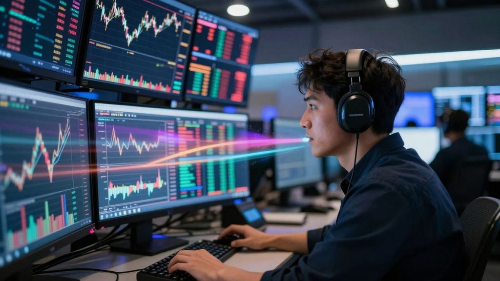 Trader immersed in abstract stock market data visualization.