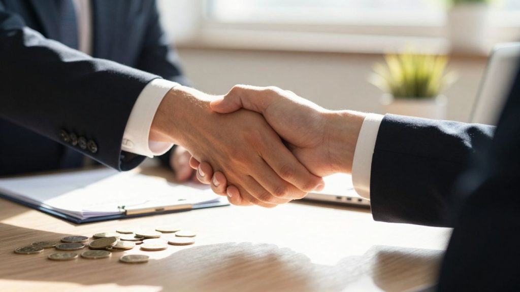 Handshake with coins and certificates