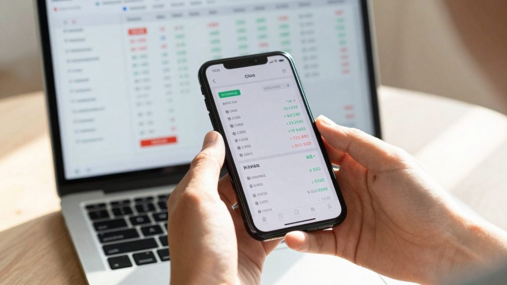 Hands holding smartphone with investment app, laptop in background.