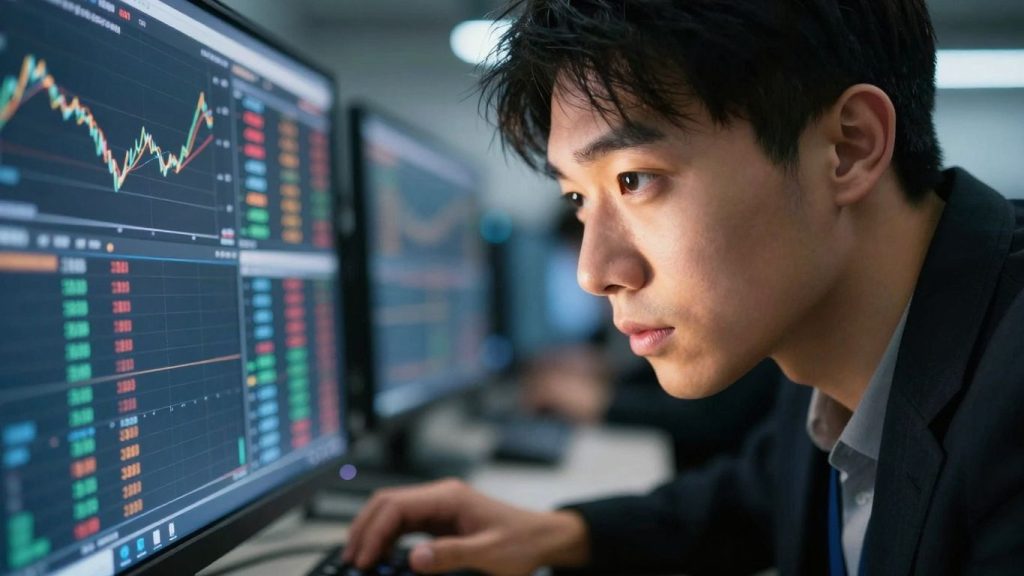 Trader focused on screen, achieving profitable day trading.