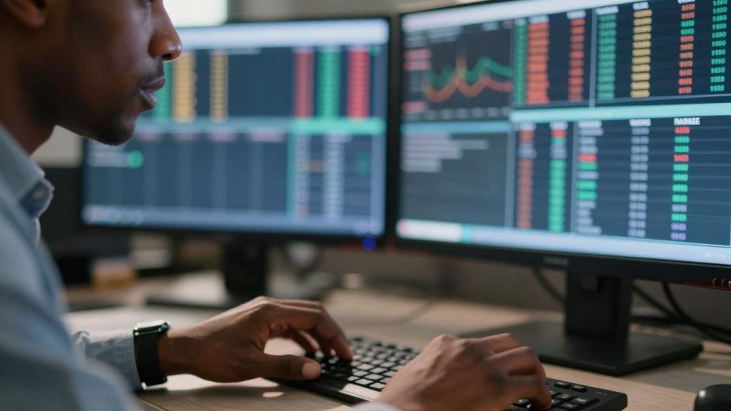 Trader's hands on a computer during a day trading simulation.