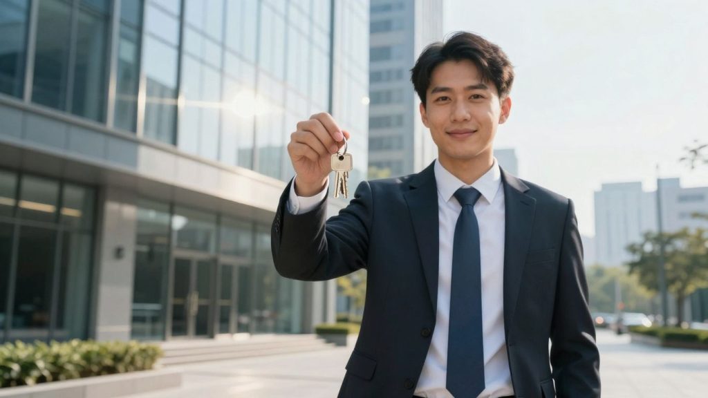 PA real estate agent with keys, modern building background.