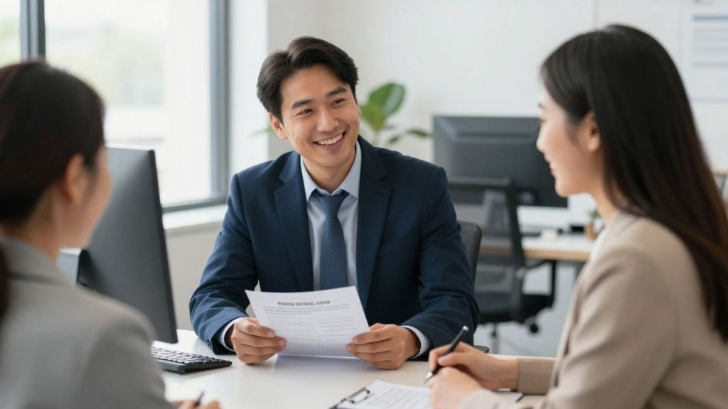 Insurance broker and client discussing policy in West Covina.