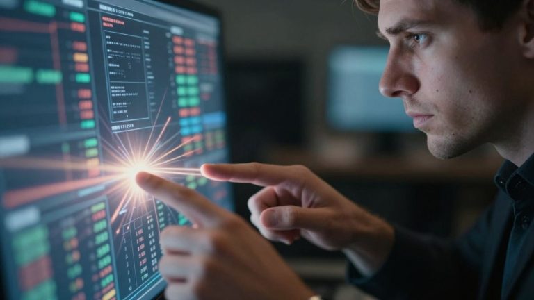 Trader's hands on a glowing digital trading interface.