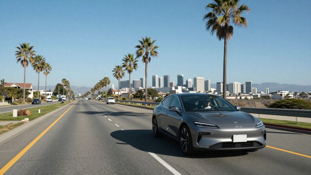California highway with car and city skyline